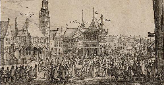 De Dam met stadhuis en waag rond 1600